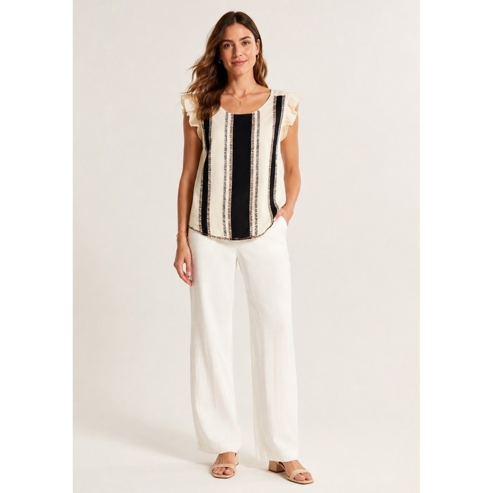 Line & Dot Blouse Womens Small Cream Black Silk Beaded Cap Sleeve Layered